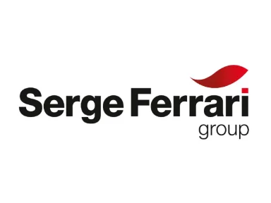 Logo de Serge Ferrari Group, avec un texte noir et une feuille rouge stylisée.